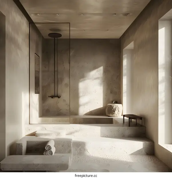 Minimalist Bathroom Interior Design With Stone Wall and Shower