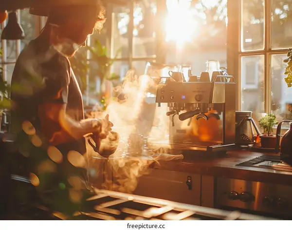 Man making coffee with an espresso machine at home