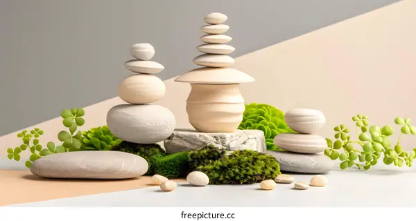 Zen Stones and Green Plants on a Minimalist Background