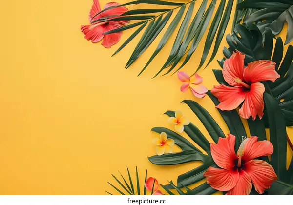 Tropical Flowers and Leaves on Yellow Background