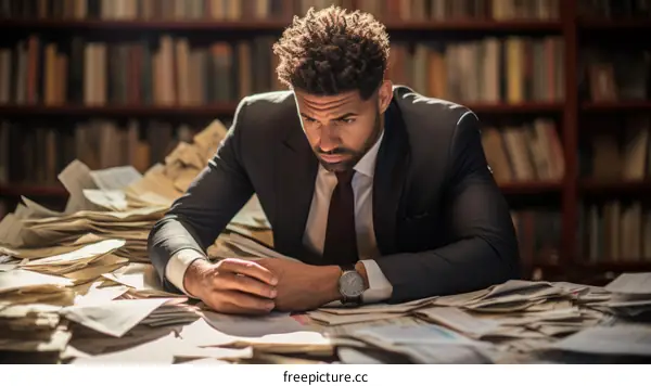 Young African-American man looking at documents in a library