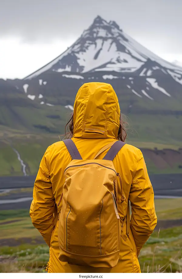 Woman in Yellow Raincoat with Backpack Hiking in Front of a Mountain