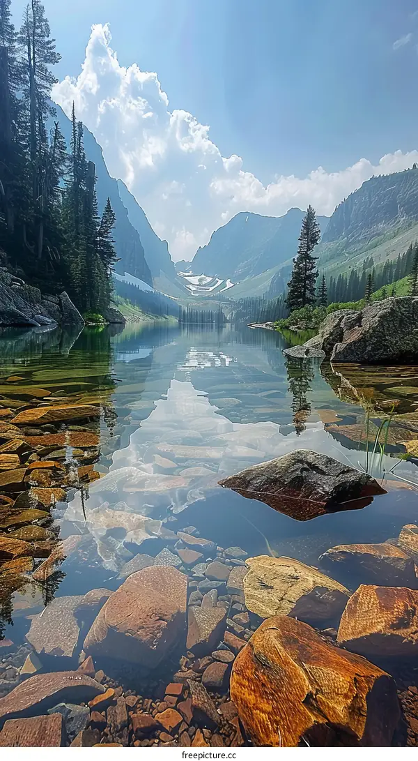The crystal clear water of a mountain lake reflects the surrounding mountains and trees