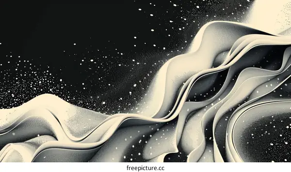 Black and white abstract background with waves and particles
