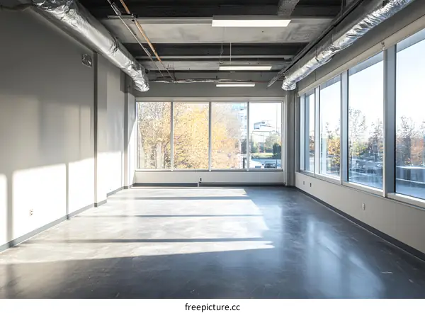 Empty Office Space with Large Windows and Sunlight
