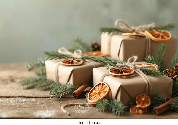 Rustic Christmas gift wrapping with dried orange slices and cinnamon sticks
