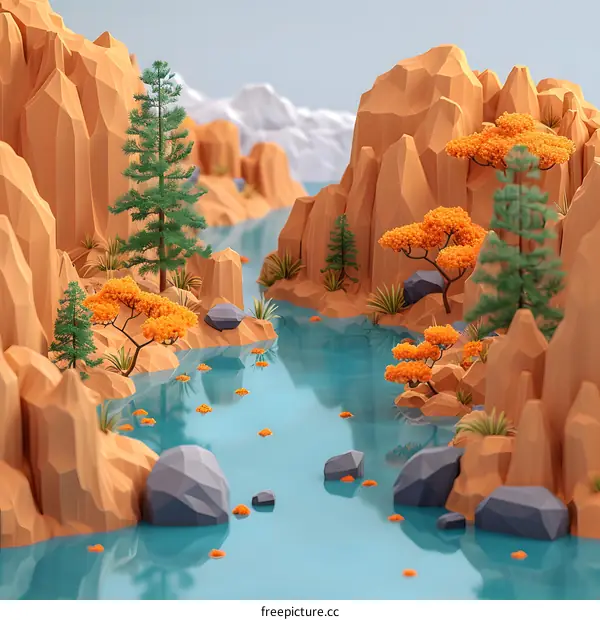 3D illustration of a river flowing through a canyon