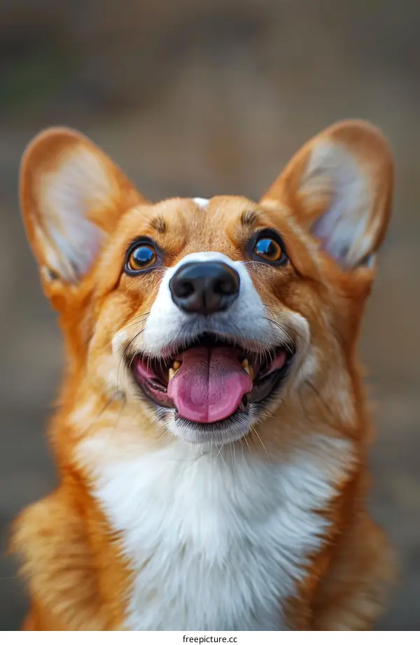 A happy looking brown and white corgi dog looking up