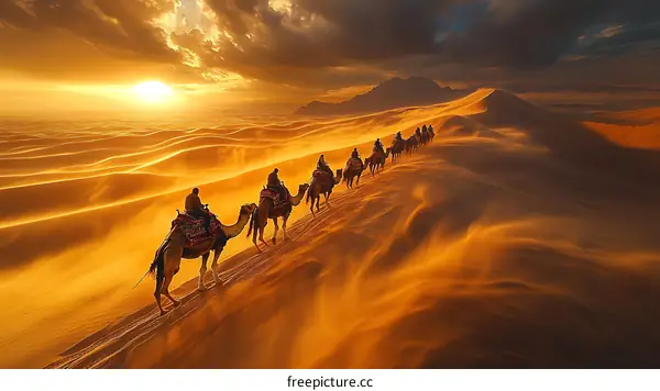 Camel Caravan Across the Golden Desert at Sunset