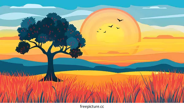 Beautiful Sunset Landscape With Tree