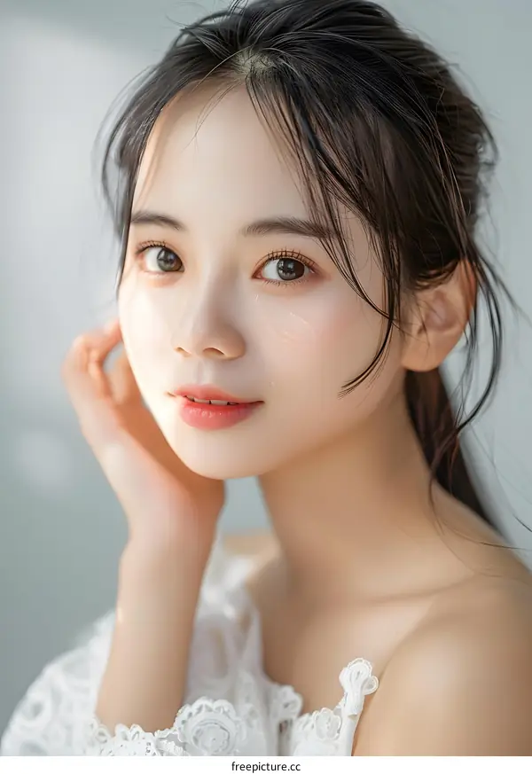 Portrait of Asian Woman with Long Black Hair in White Dress