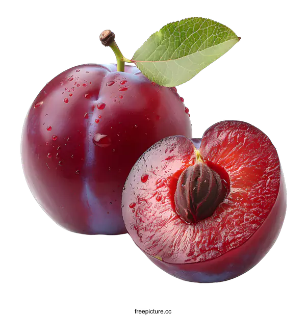 [Transparent Background PNG]Fresh plums with leaf