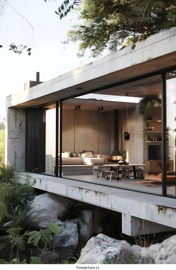 Modern Concrete House With Large Windows Overlooking Lush Greenery