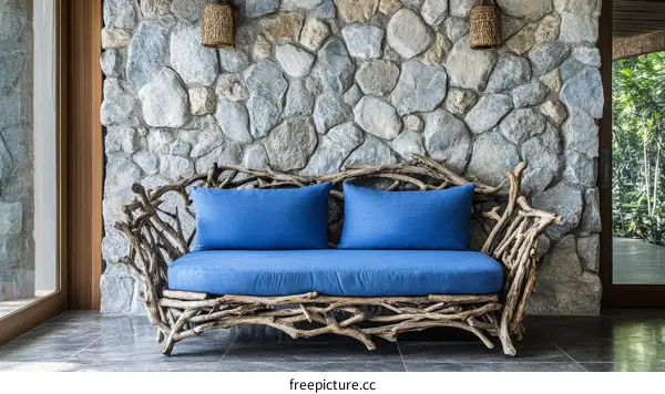 Rustic Wooden Sofa in Stone Wall Decor