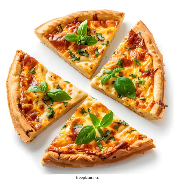Four slices of pizza with basil leaves