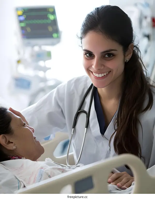 Smiling Female Doctor Caring for Senior Patient in Hospital Room