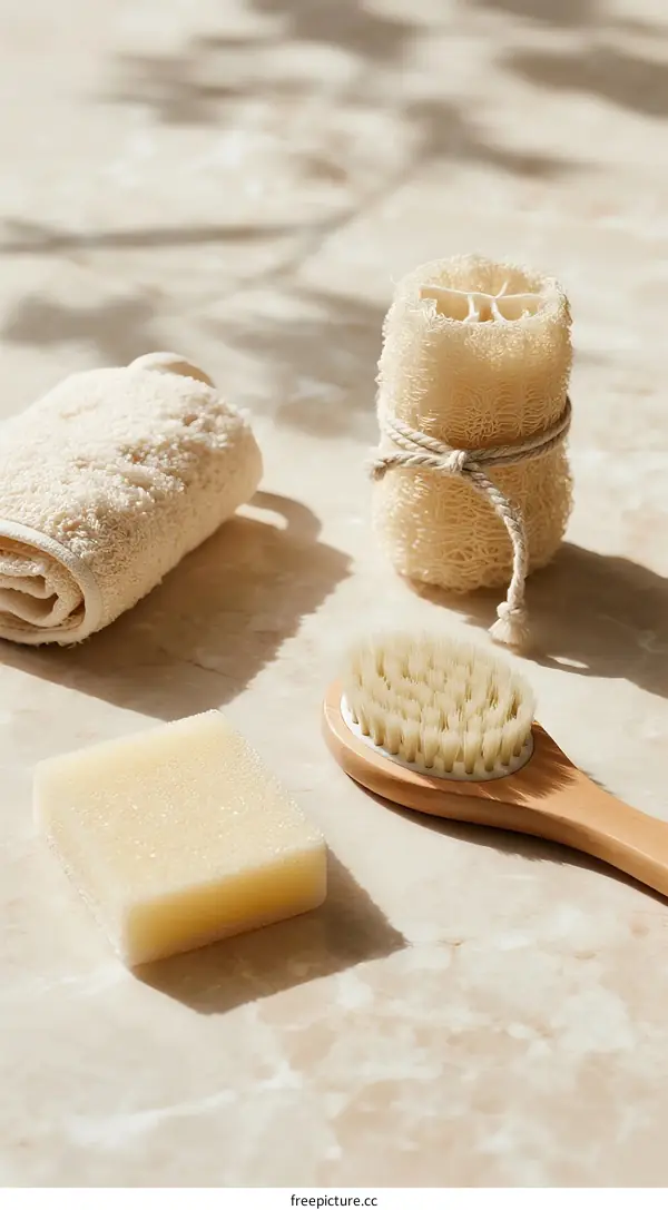 Essential Bathroom Products Including Soap, Loofah, and Brush