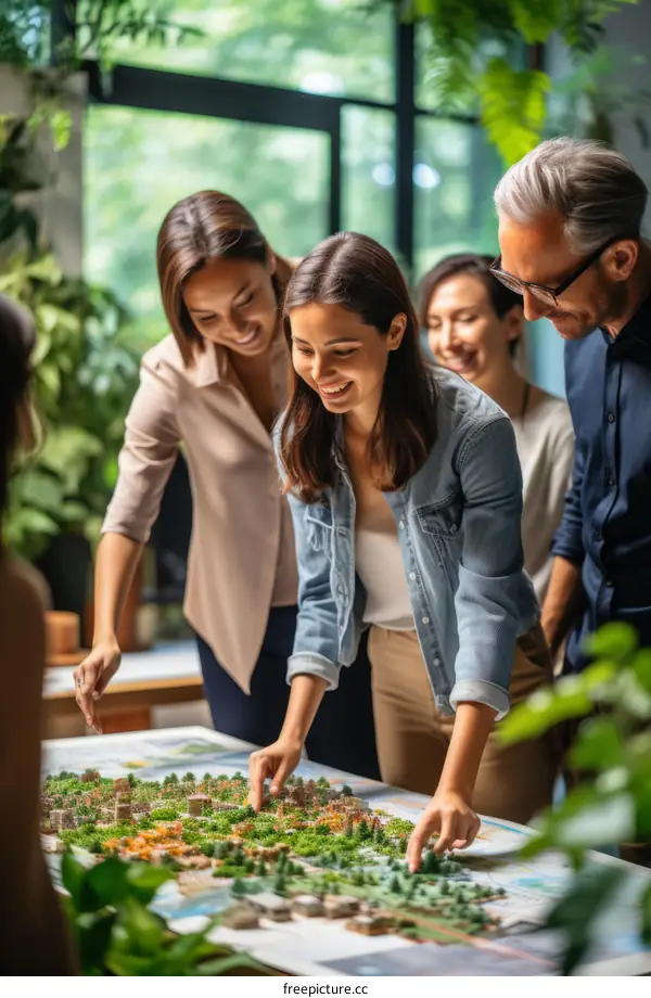 Four people discussing over a city model