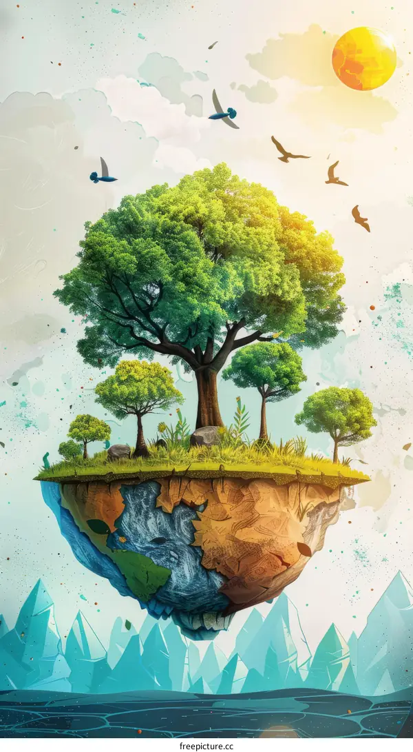 Green Earth with Trees and Flying Birds