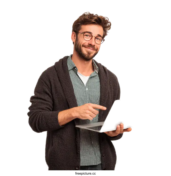 [Transparent Background PNG]Man Using Laptop Smiling Casual Style