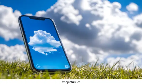 Smartphone Displaying Blue Sky and Clouds on Grass