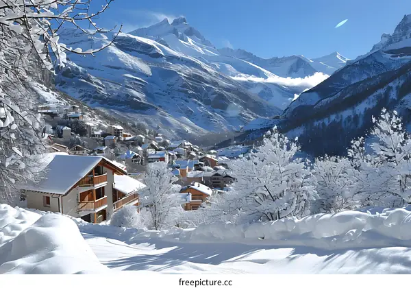 A beautiful winter landscape of a mountain village covered in snow