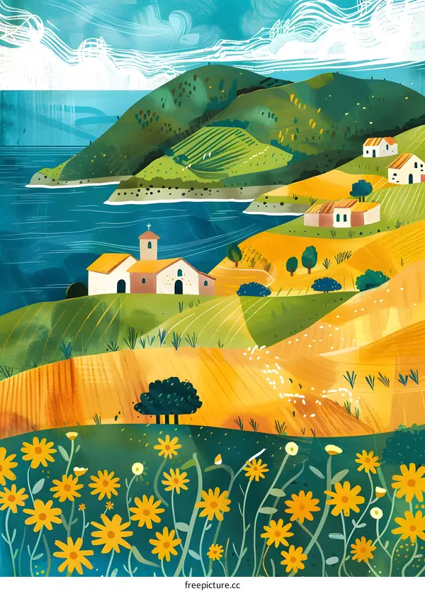 Coastal Village with Church and Green Hills