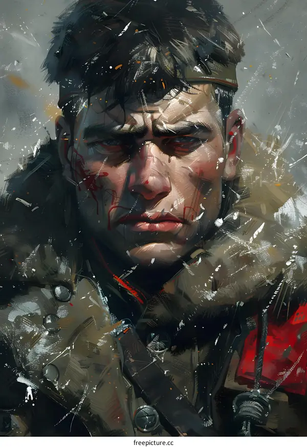 Portrait of a soldier wearing a fur coat and a red scarf