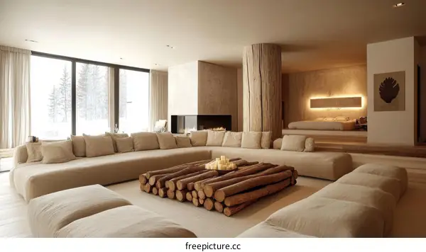 Modern Minimalist Living Room with Wooden Coffee Table