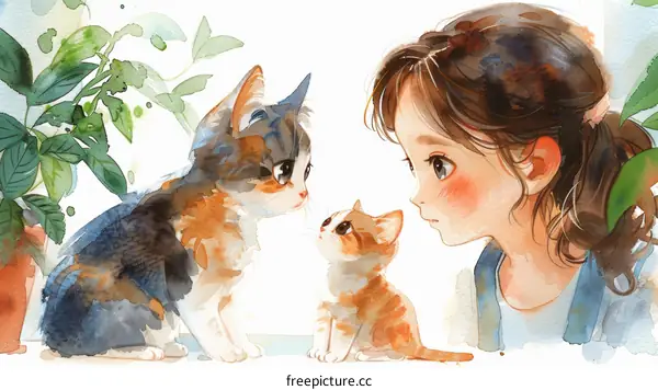 A girl is looking at two cats