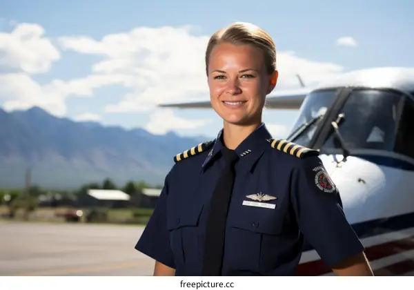 Portrait of a Smiling Female Pilot in Uniform Standing in Front of an Airplane