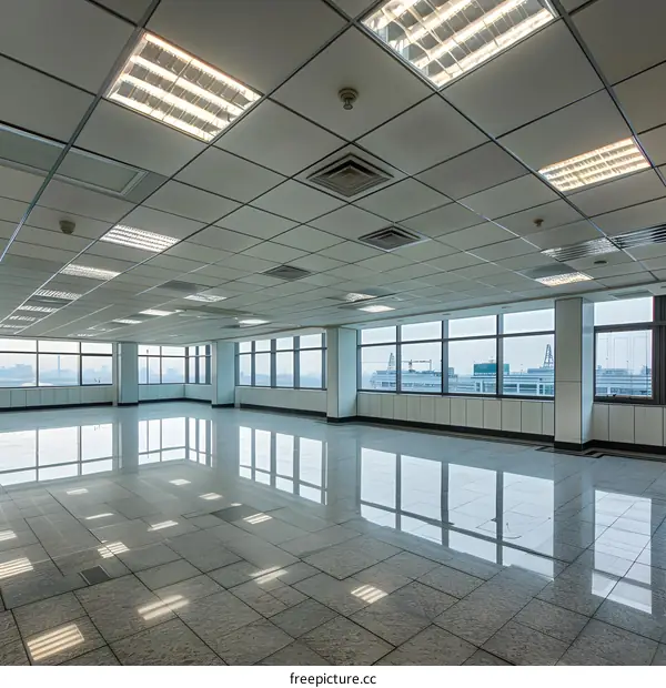 Empty Office Space with Windows and Shiny Floor
