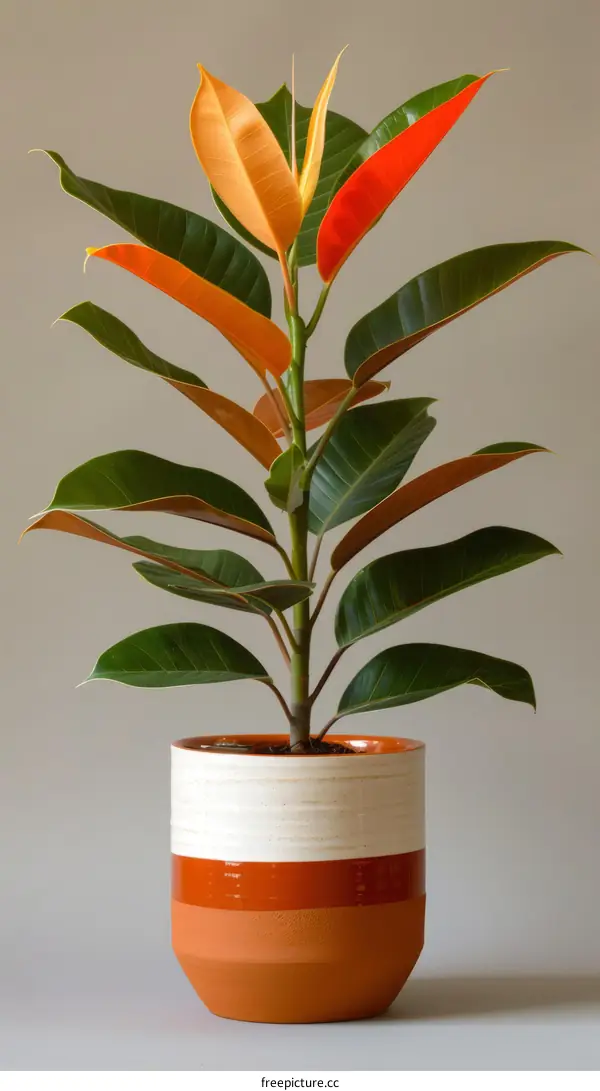 Variegated Rubber Plant with Orange and Red Leaves in Pot