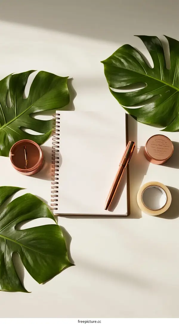 Minimalist workspace with monstera leaves and stationery