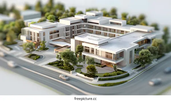 Small model of a modern villa with trees and a road