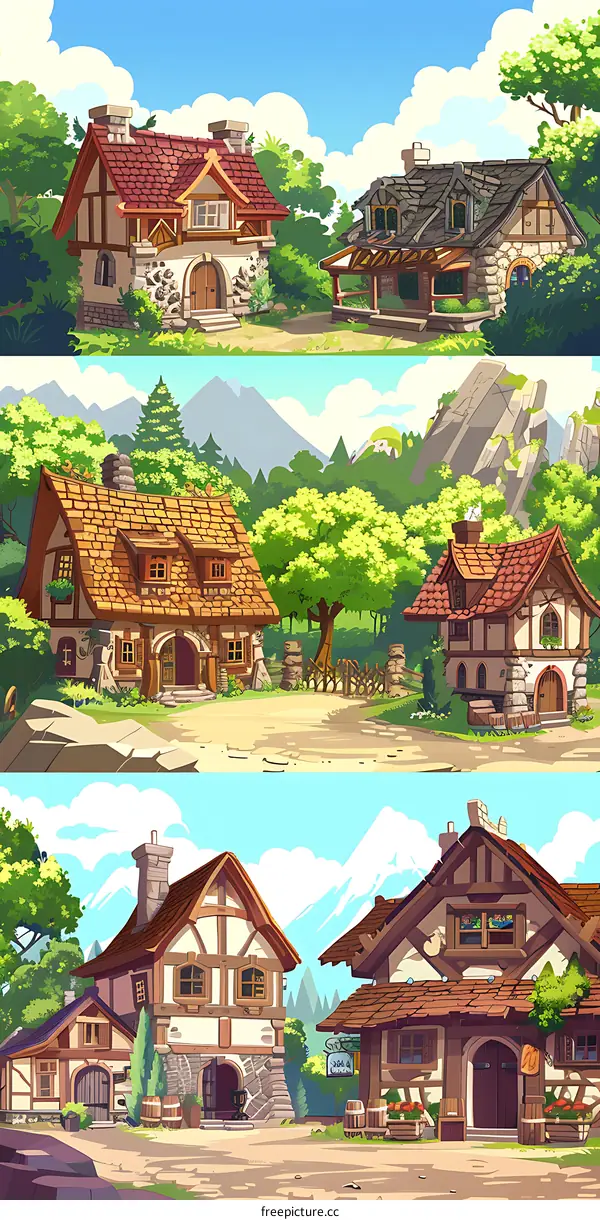Cartoon Village Landscape with Stone Buildings