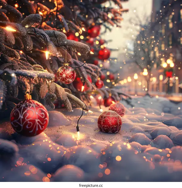 Christmas Street Decorated with Red Baubles