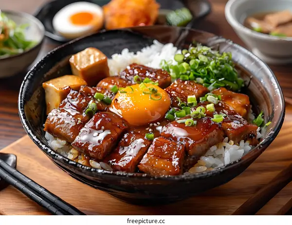 Closeup of a Bowl of Japanese Pork Rice with a Yolk on Top