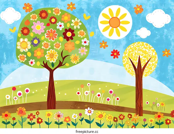 Colorful Spring Landscape With Flowers And Trees