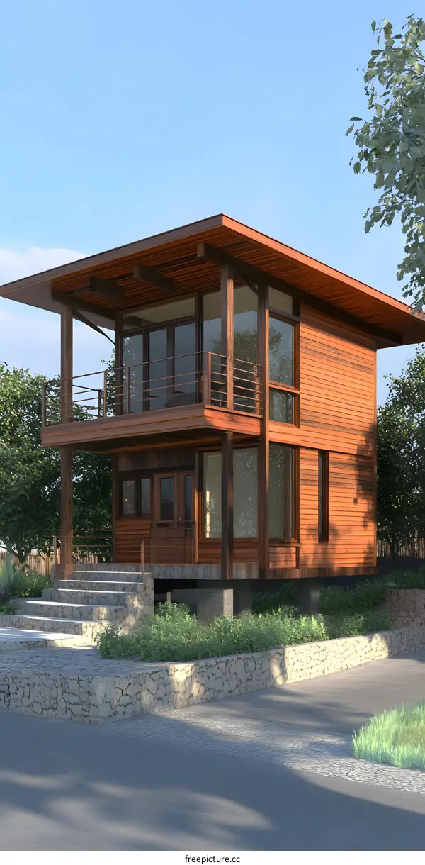 Modern Wooden House Design with Balcony and Stone Wall