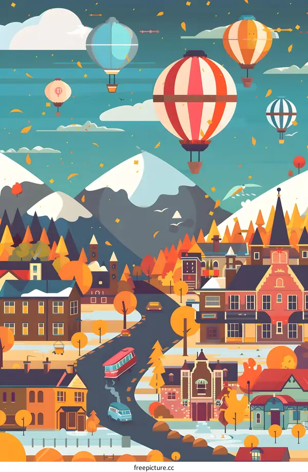 Autumn Town with Hot Air Balloons