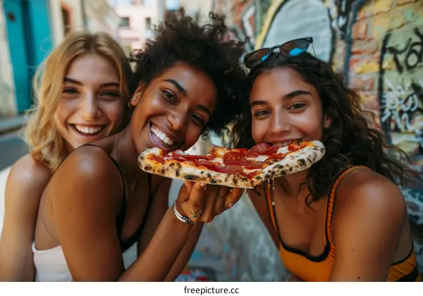 Three young women of different ethnicities are eating a pizza together and smiling.