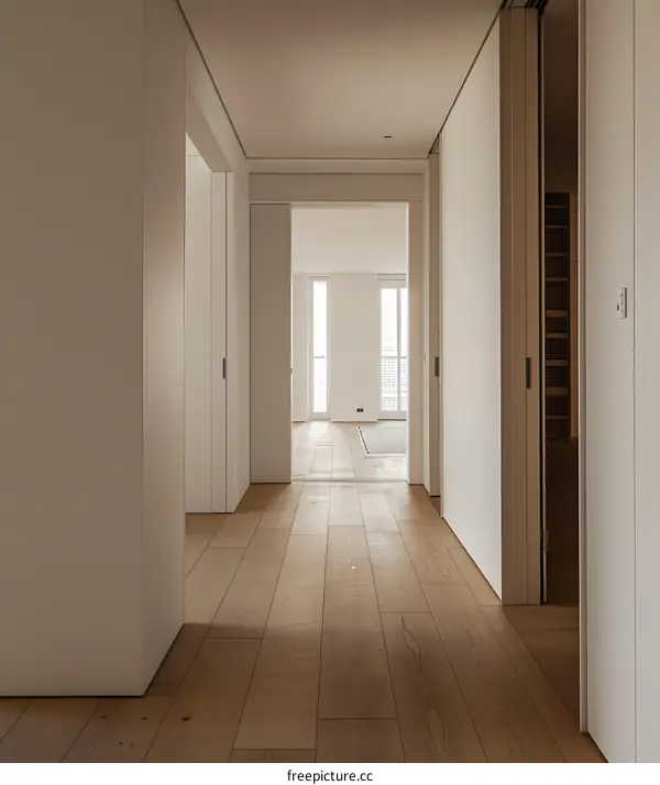 Modern Minimalist Interior Design Hallway With Wooden Floor And White Walls