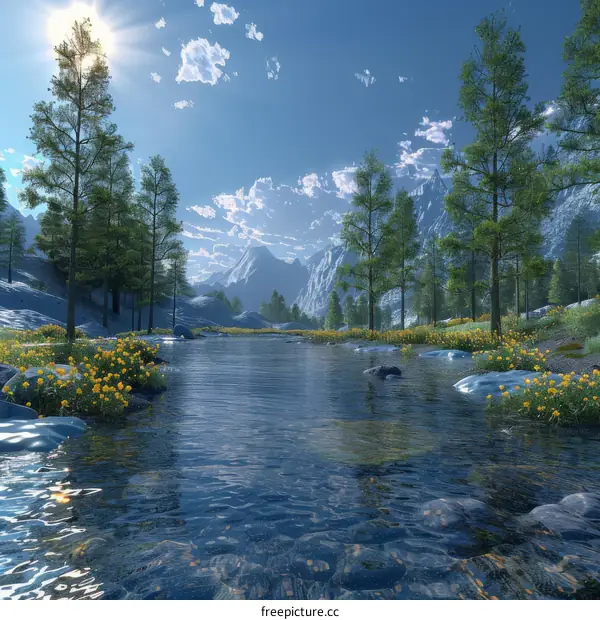 The river flows through the valley in the mountains