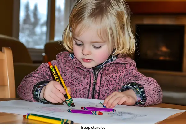 Little Girl Drawing with Crayons and Paper