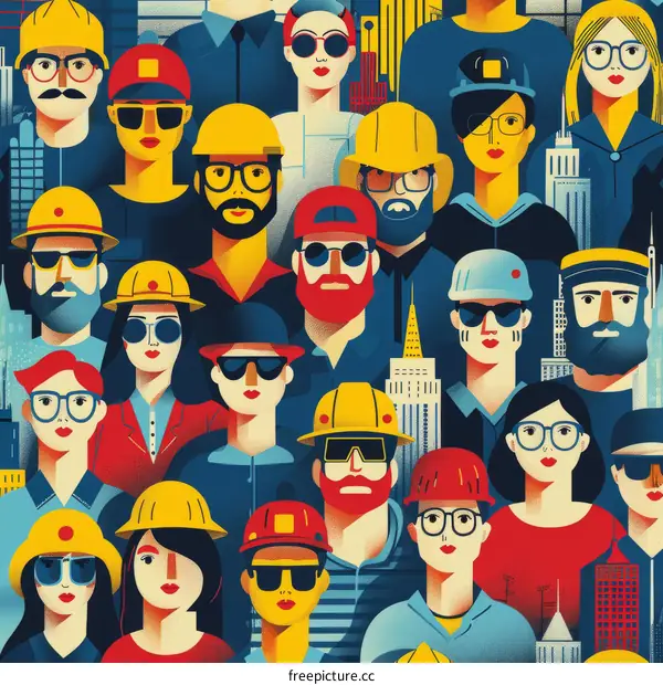 Diverse group of people wearing hard hats in an urban setting