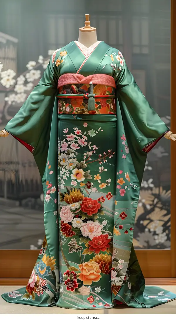 A green kimono with a floral pattern and a red obi