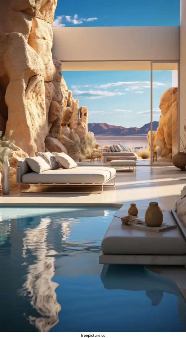 Modern architecture house in the middle of the desert with pool