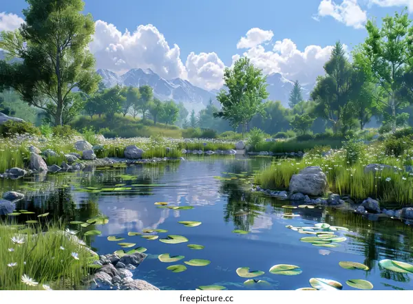 Tranquil Mountain Lake with Trees and Flowers