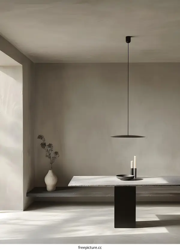 Minimalist Interior Design with Concrete Table and Black Pendant Light